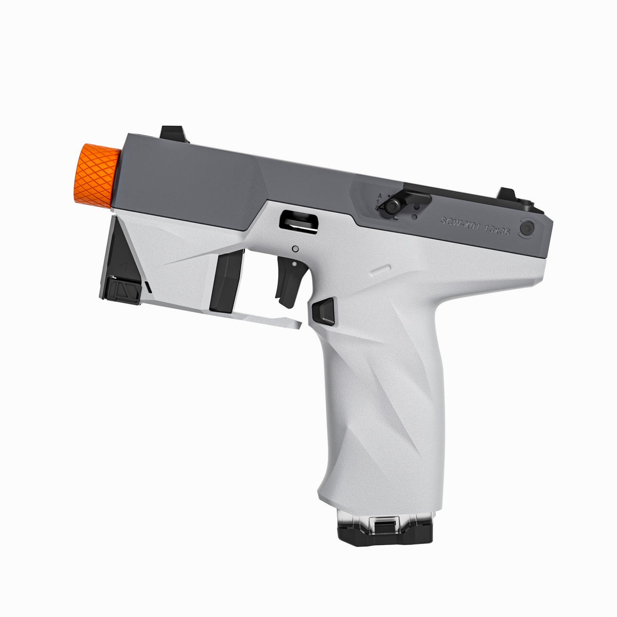 ATROX brushless foam dart blaster in gray with orange muzzle, side view