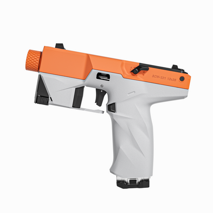 ATROX brushless foam dart blaster in orange and gray, side view
